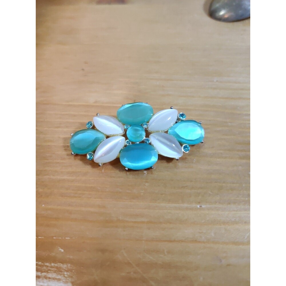 Vtg Monet Blue White Pearlescent Cabochon Rhinestones Silver Tone 2" Brooch Pin